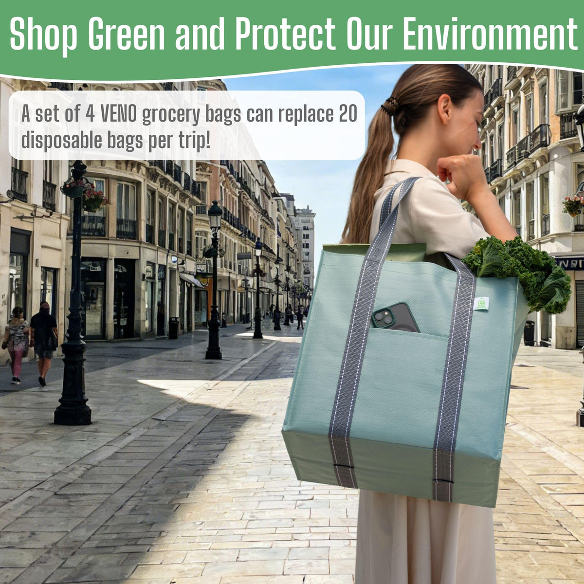 VENO sustainable bags made from post-consumer materials to reduce waste.