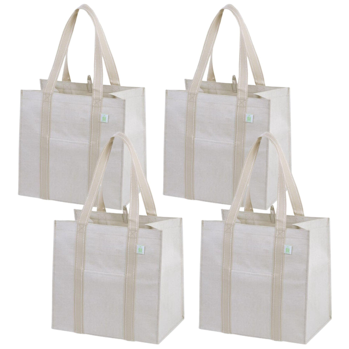 VENO beige four-pack bags with front pocket and hanging loop for quick grocery access.