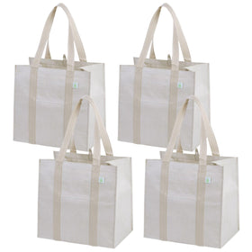 VENO beige four-pack bags with front pocket and hanging loop for quick grocery access.