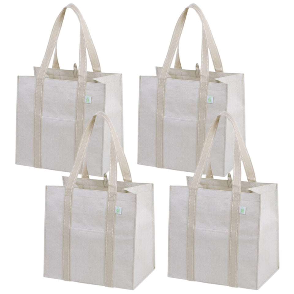 VENO beige four-pack bags with front pocket and hanging loop for quick grocery access.
