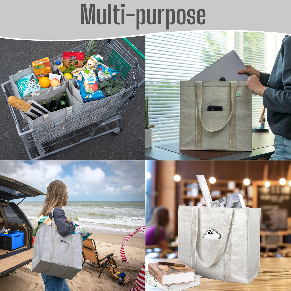 VENO beige four-pack bags displayed in a cart setup for organized shopping.