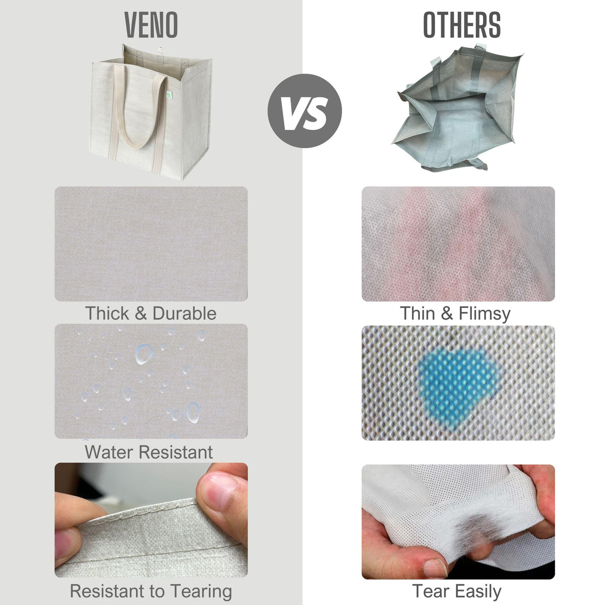 VENO sustainability: post-consumer material reduces plastic waste in beige bags.