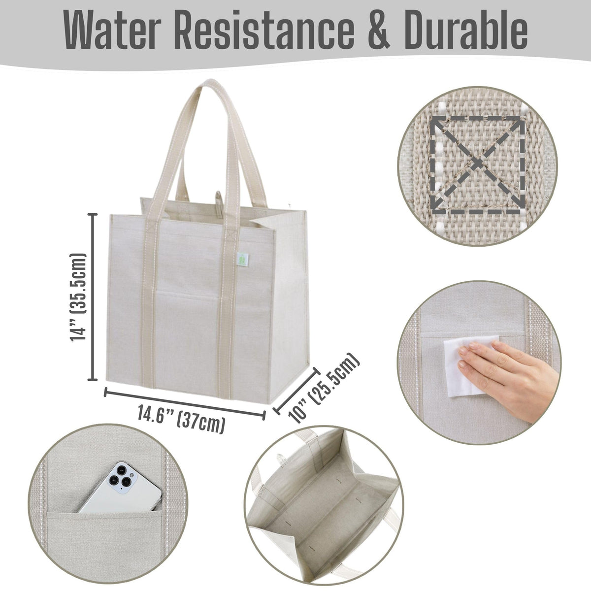 VENO reusable bags in beige with water-resistant, heavy-duty PP-woven material.