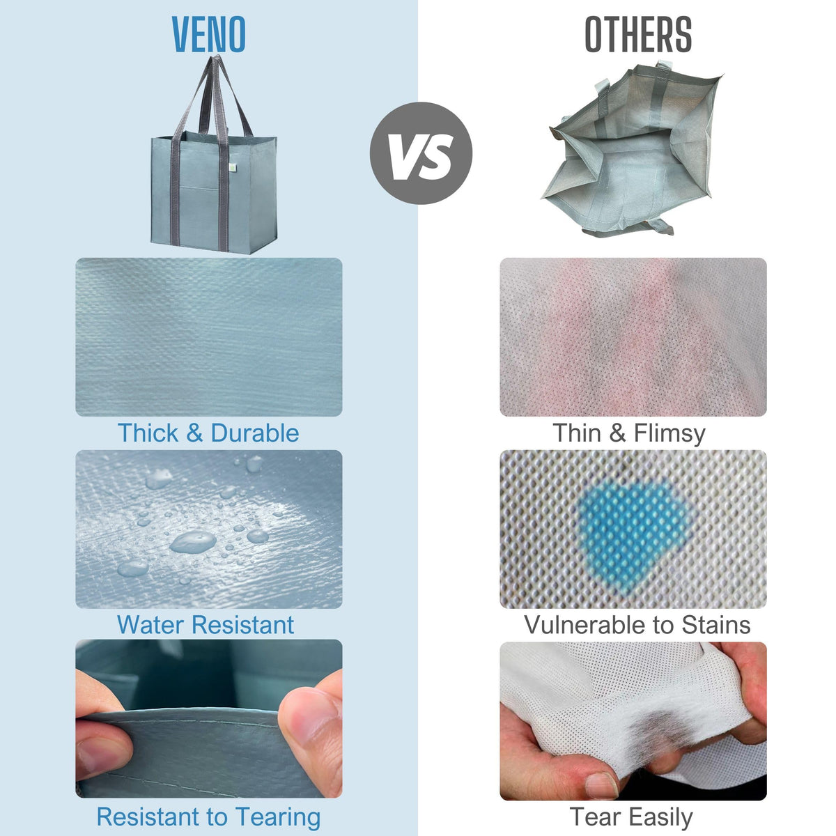 VENO bags fold flat for compact storage in car or purse.