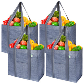 VENO four-pack reusable grocery bags with front pocket for essentials.