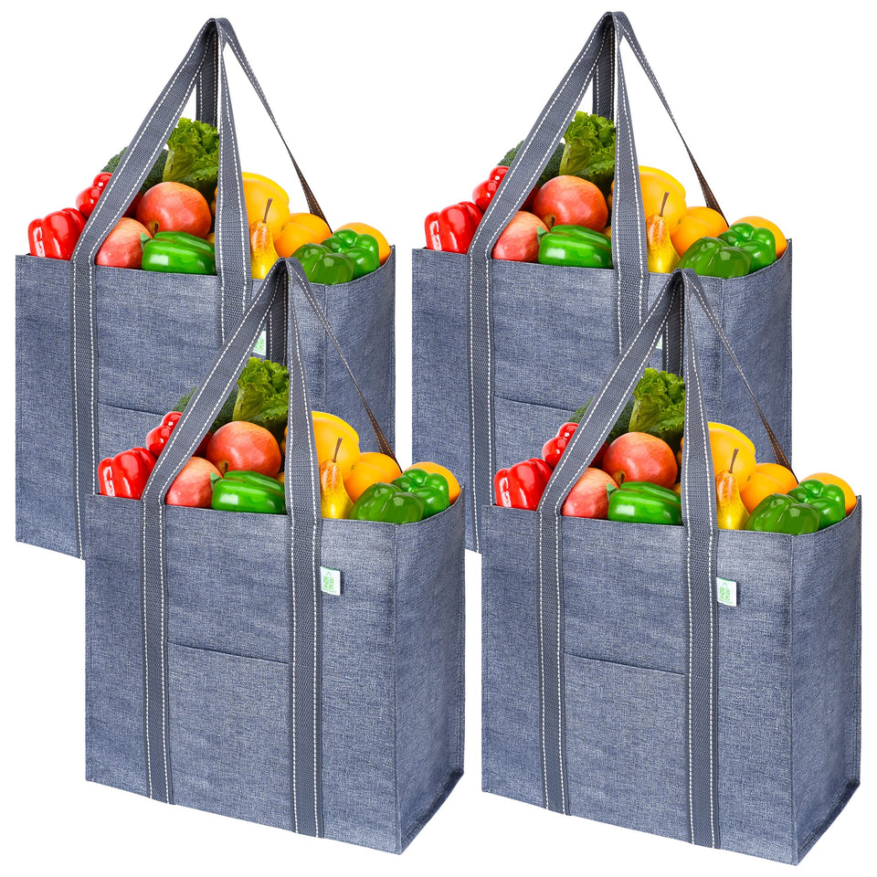 VENO four-pack reusable grocery bags with front pocket for essentials.
