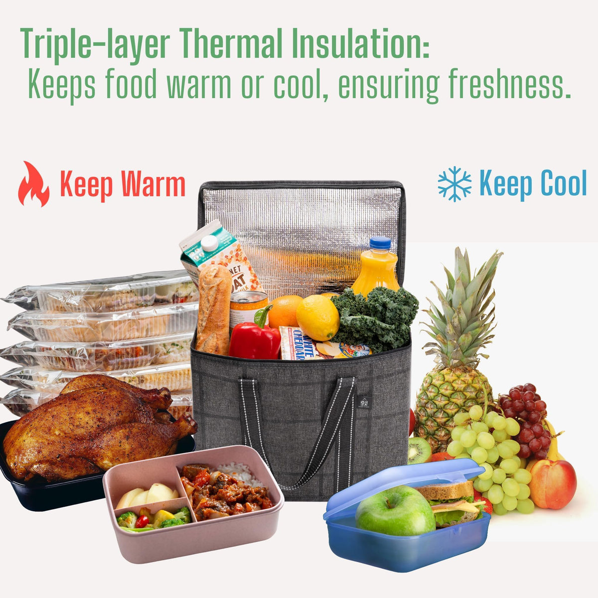 VENO insulated cooler bag with hard bottom keeps foods stable during transport