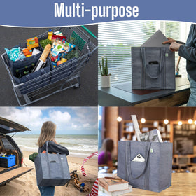 VENO bag stands upright with a hard bottom for stable groceries.