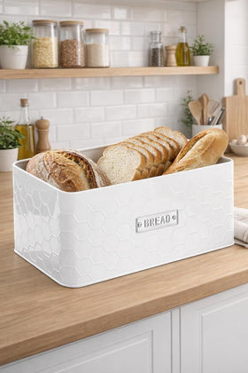 Vensovo bread box lid open shows integrated cutting surface for quick slicing and serving.