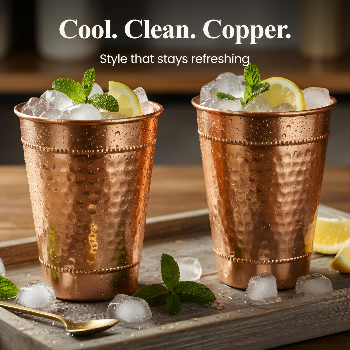 Vensure stackable copper glasses save space in compact kitchens.