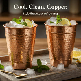 Vensure stackable copper glasses save space in compact kitchens.