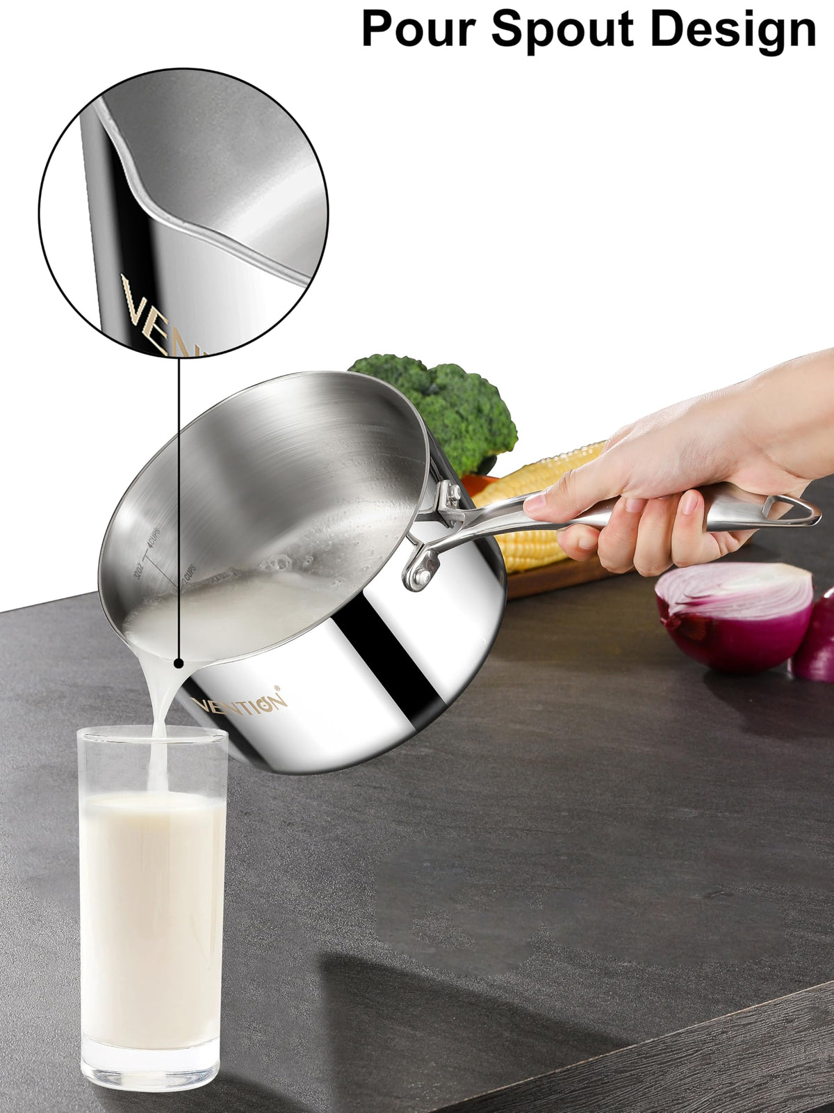 VENTION dishwasher-safe saucepan simplifies cleanup after cooking.