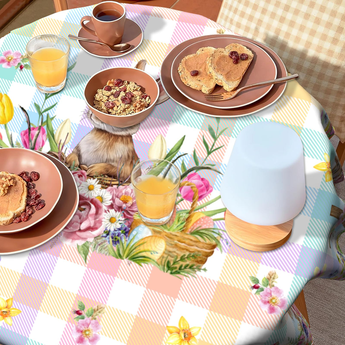 VentuCoven watercolor print on a 60in round cloth elevates brunch table styling
