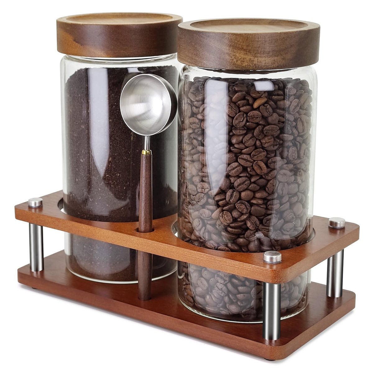 Venuekkuri glass coffee grounds container with shelf keeps ingredients organized and accessible.