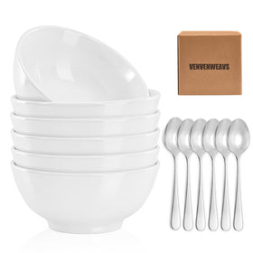 VENVENWEAVS 30 oz white thickened ceramic bowl with six spoons, ideal for soups and stews.