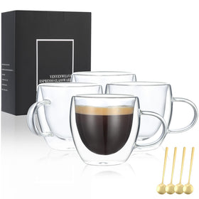 VENVENWEAVS espresso cups set of 4 with double-wall glass keeps drinks warm while remaining cool to touch