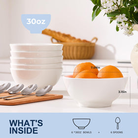 VENVENWEAVS six-spoon set paired with a large white ceramic bowl for meals.
