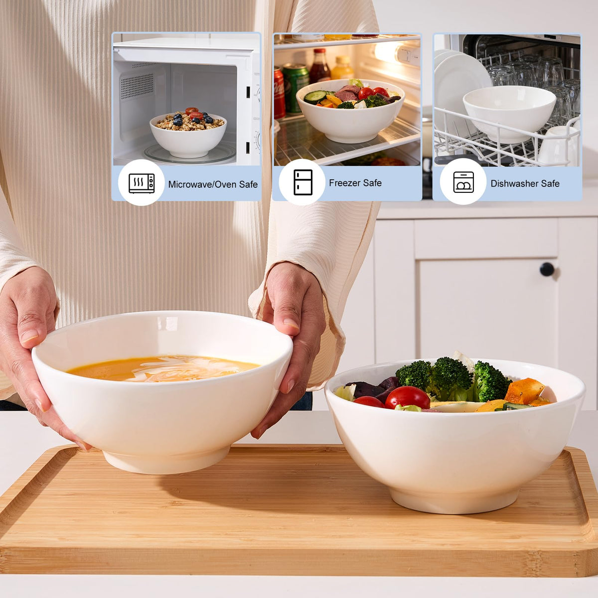 VENVENWEAVS white ceramic bowl shows smooth rim and non-slip base for safer dining.