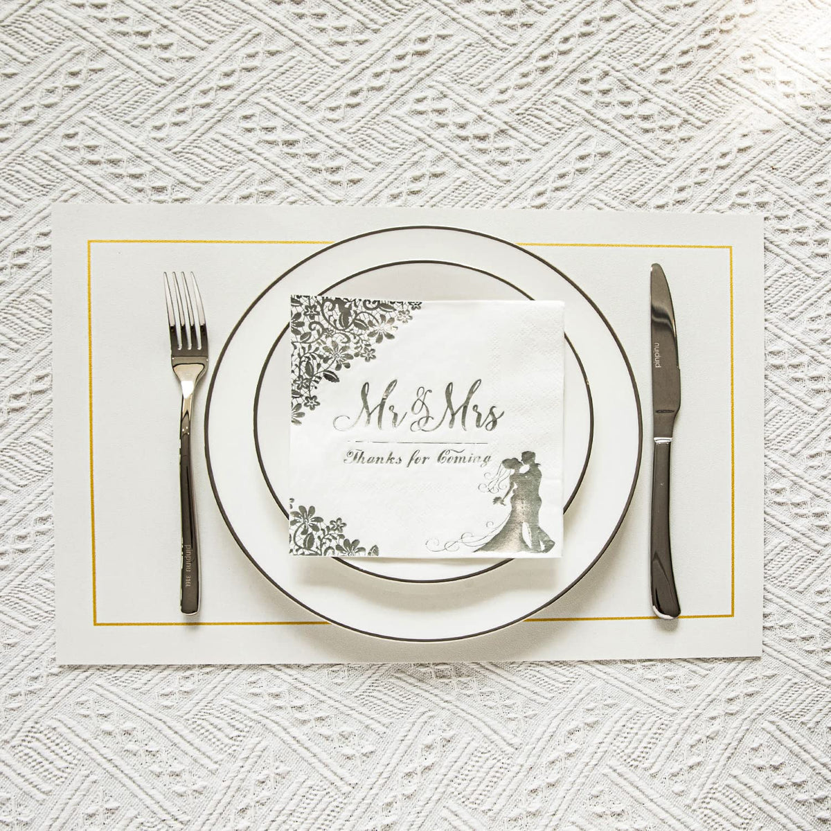 VENY TAYA mr and mrs napkins add elegant messaging to wedding reception.