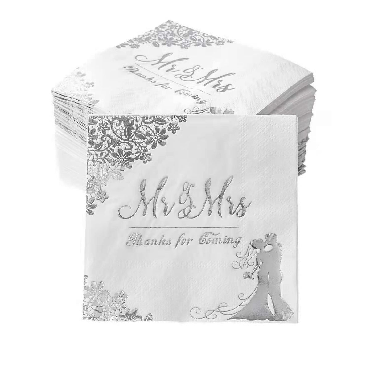VENY TAYA silver 100-pack napkins for reception table decor and guest convenience.