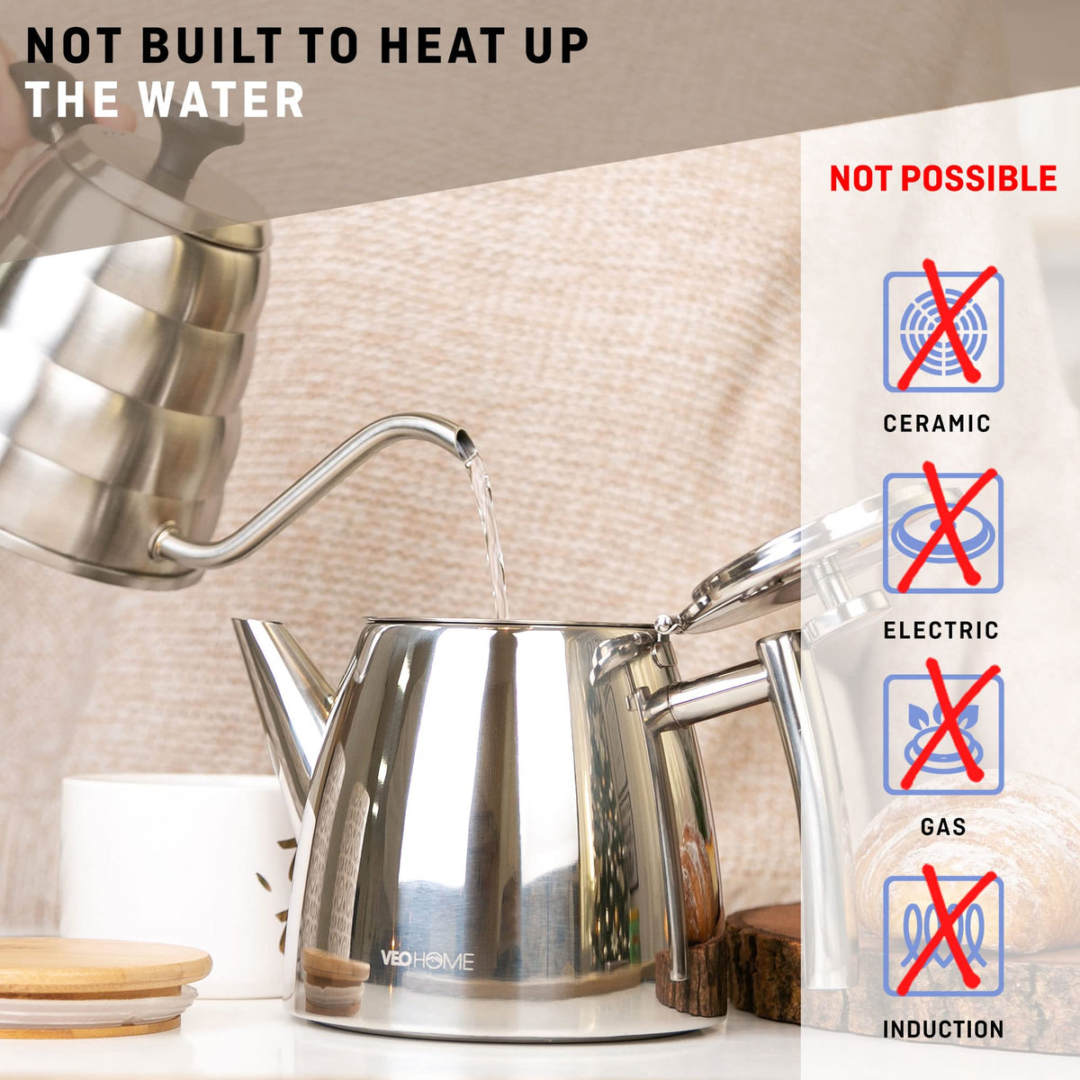 Insertable diffuser in VeoHome teapot enables dust-free loose leaf brewing.