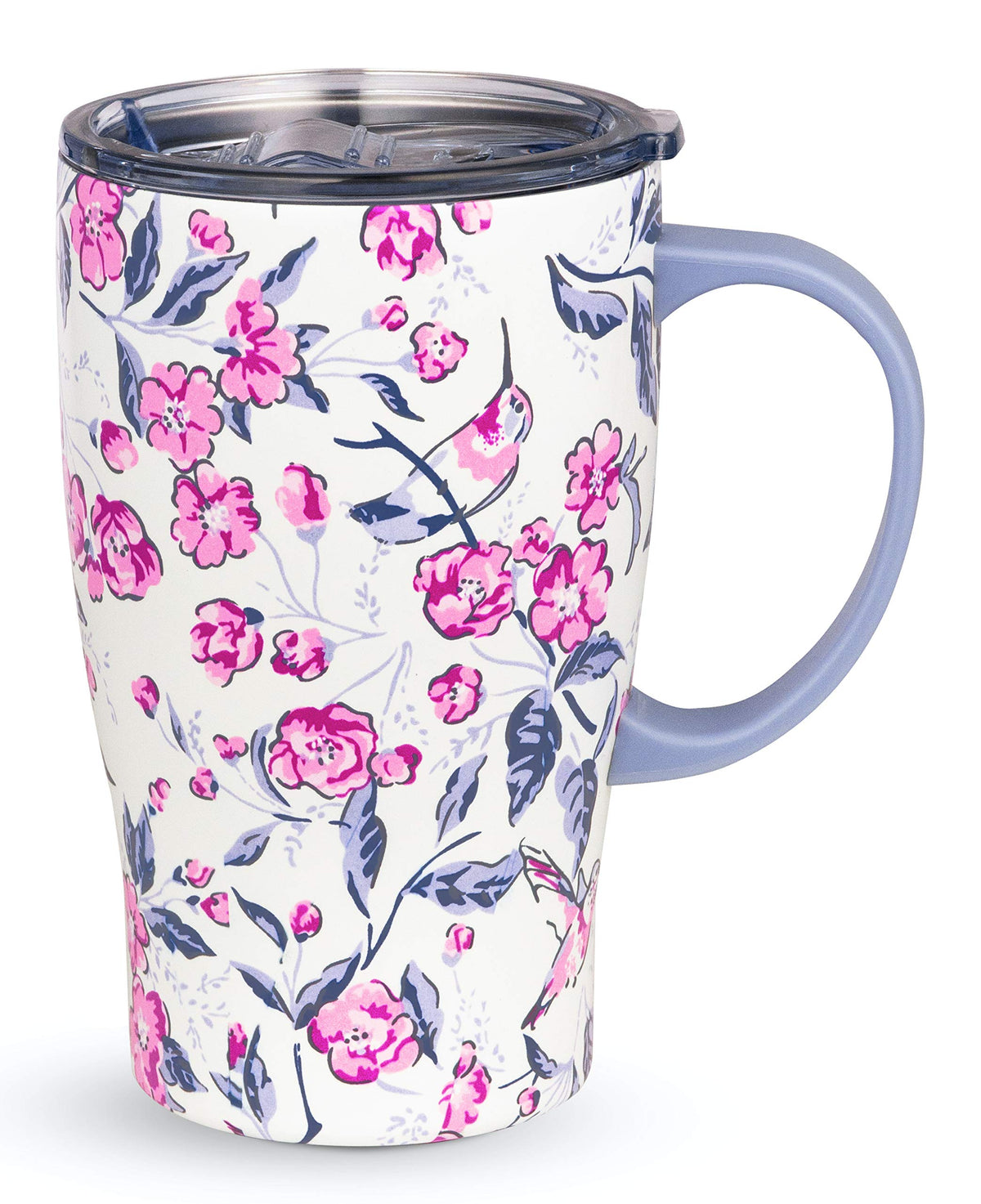 Vera Bradley insulated mug with handle and pink floral design keeps drinks hot or cold.