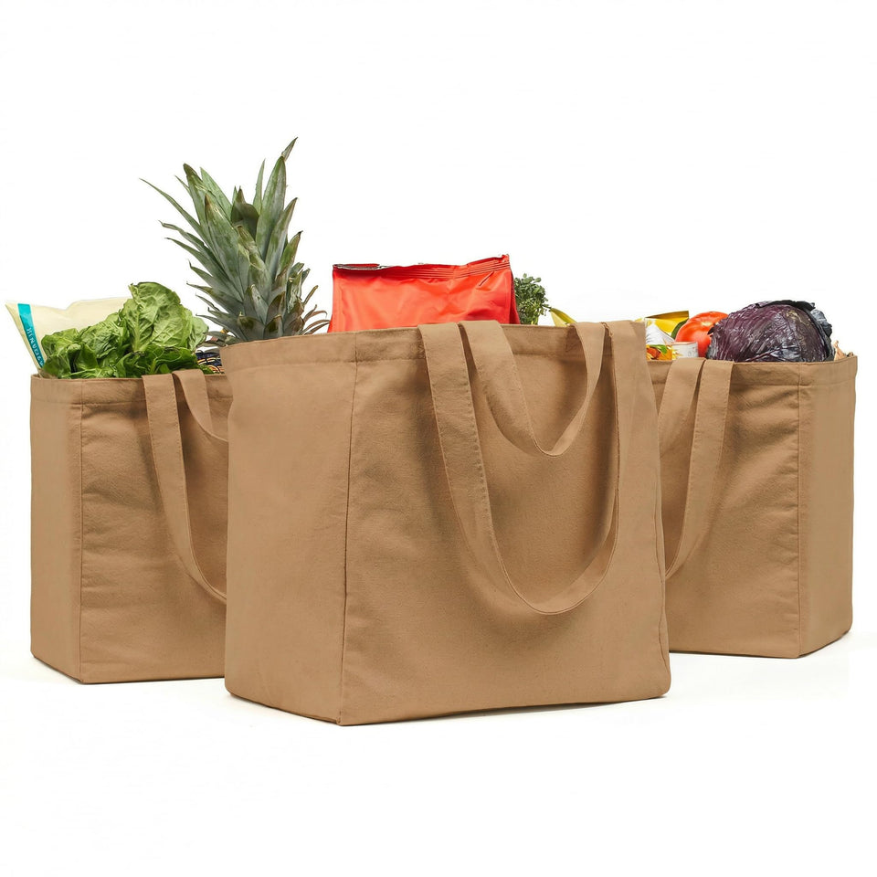 VeraMia canvas bag with bottle pockets for organized groceries.