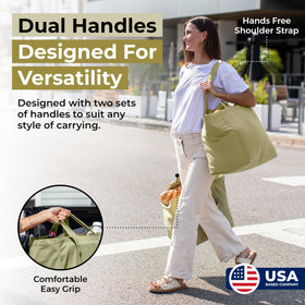 VeraMia avocado green tote highlights large size for groceries.