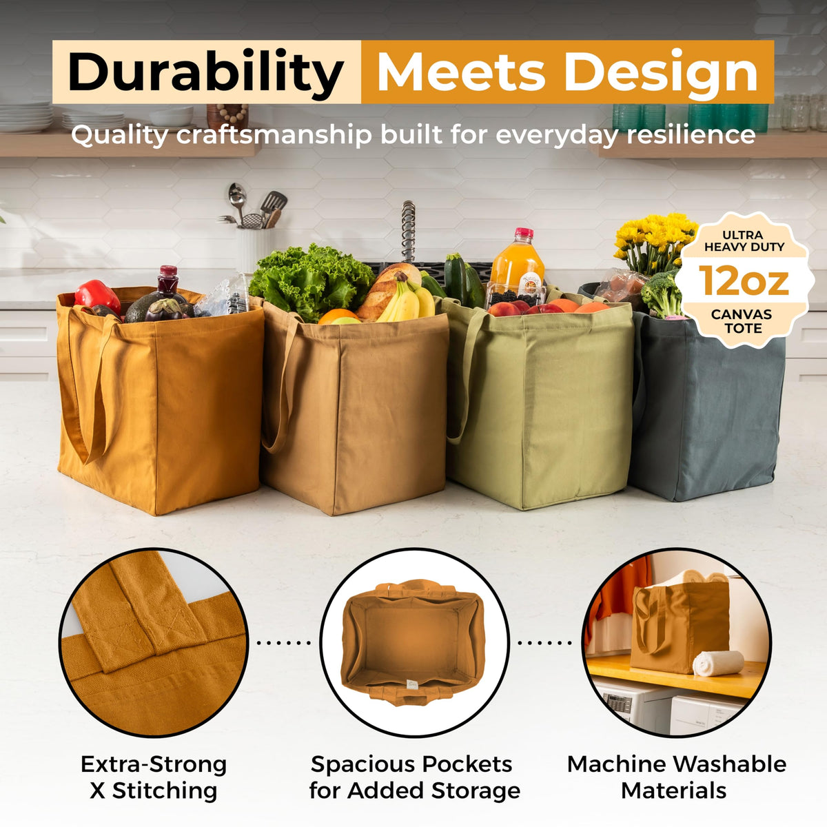 VeraMia canvas bag size 15x15x10 inches for spacious groceries