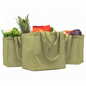 VeraMia canvas tote with real pockets keeps groceries organized.
