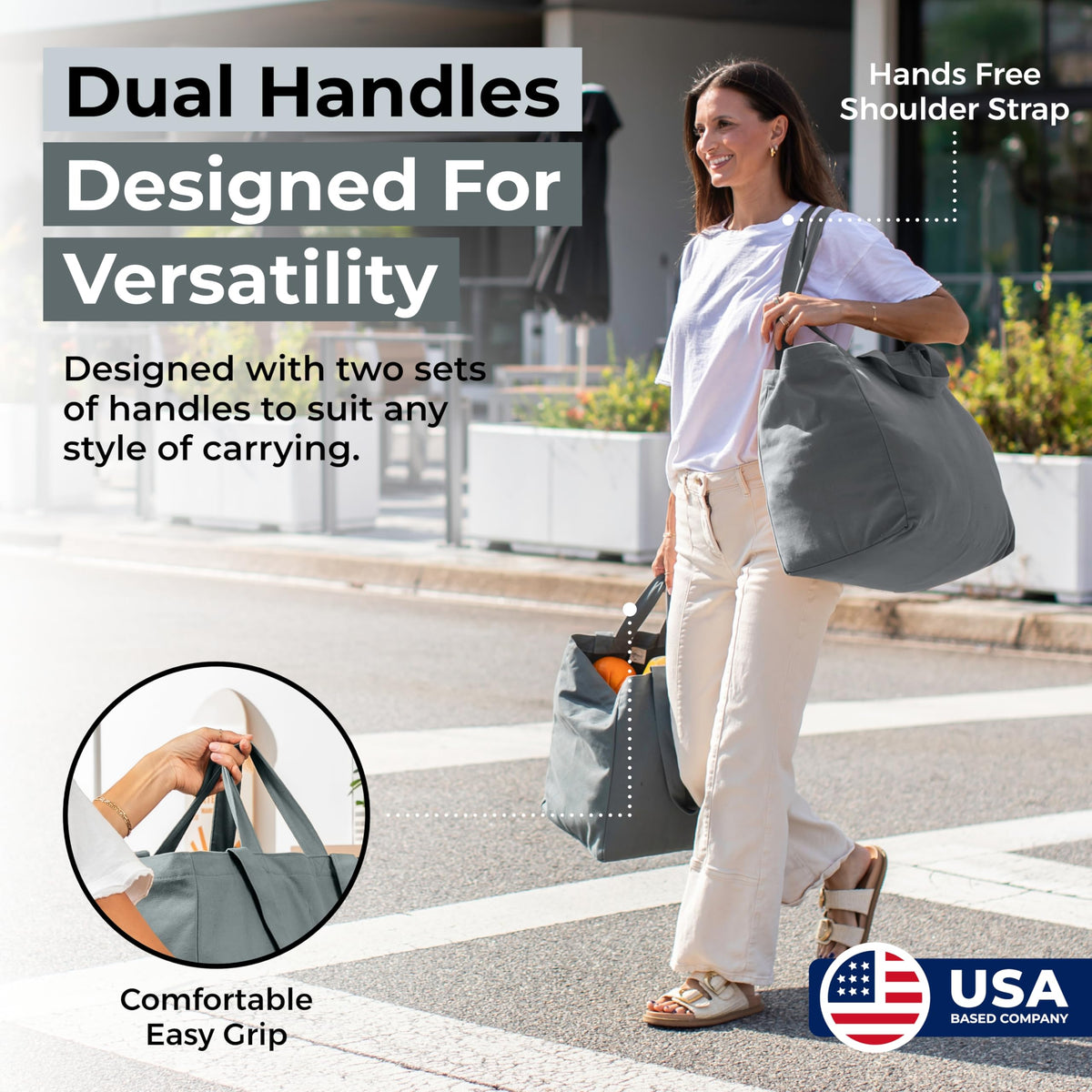 VeraMia bag showing long shoulder strap for comfortable hands-free carrying.