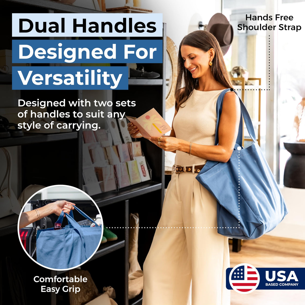 VeraMia bag featuring dual carry options: shoulder strap and short handle.