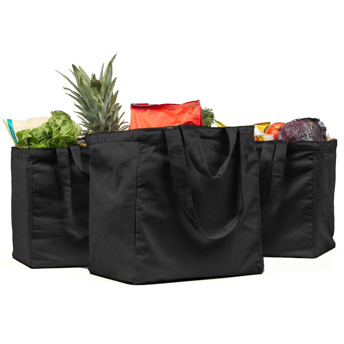 VeraMia heavy-duty canvas tote showing 80lb capacity for groceries