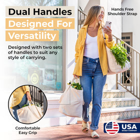 VeraMia canvas tote with a long shoulder strap for versatile, comfortable carry.