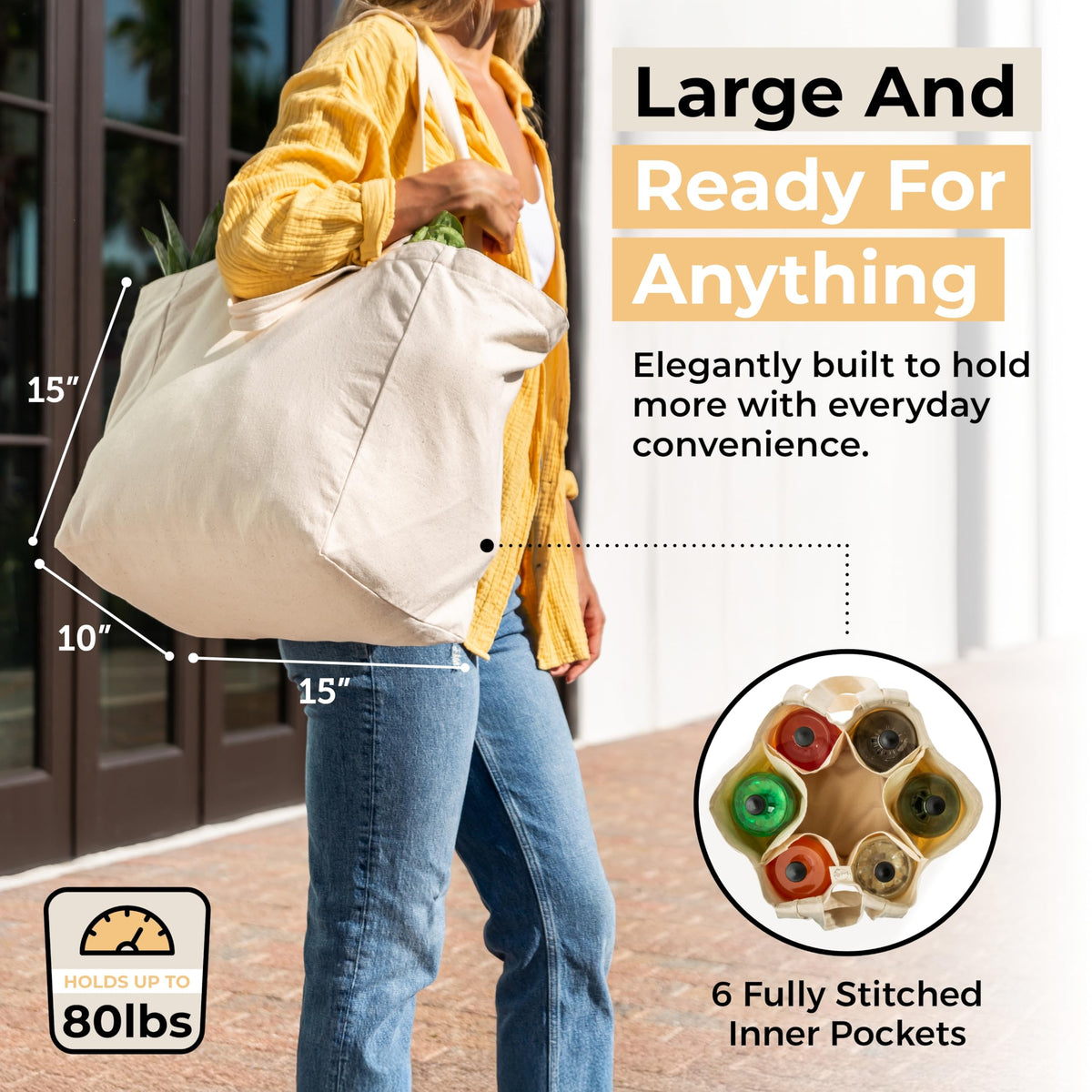 Large VeraMia 15x15x10 inch tote holds substantial groceries for bulk shopping.