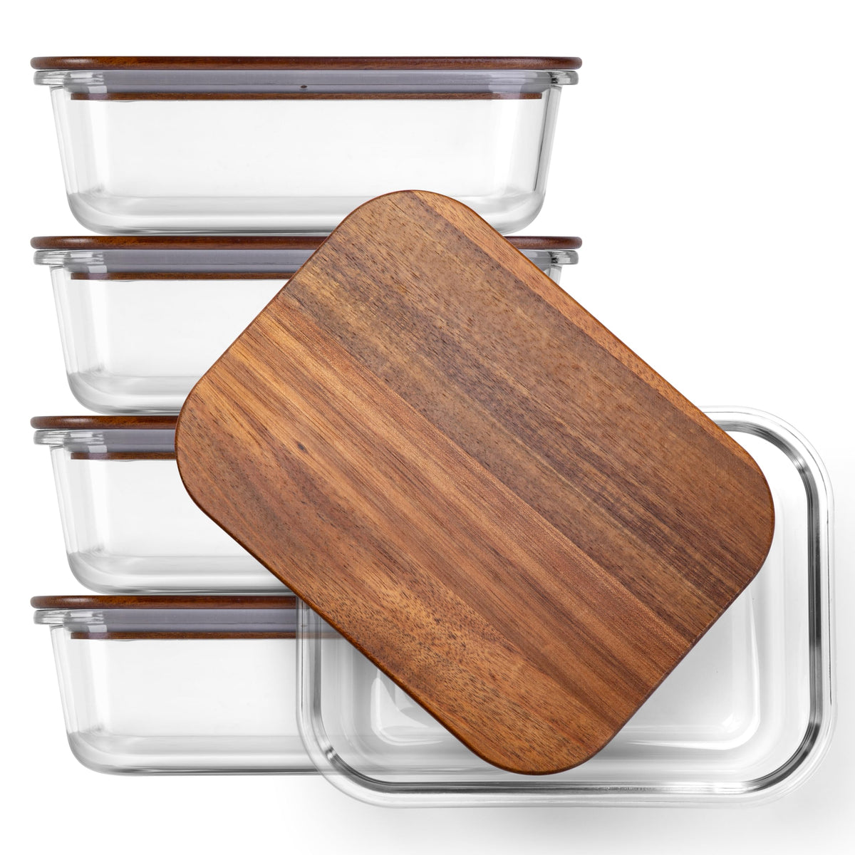 Verdara 5-piece rectangular containers with acacia lids—crystal-clear glass for easy content viewing.