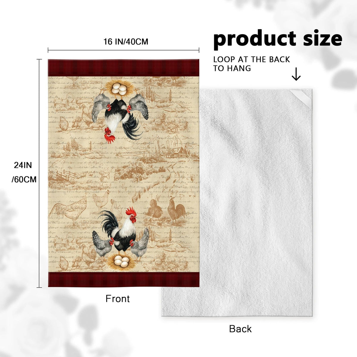 Verdiqor chicken decor kitchen towel enhances country-style counters and racks.