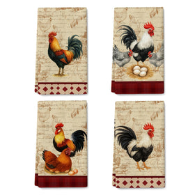 Verdiqor rooster kitchen towel on rack, showcasing rustic farmhouse decor.