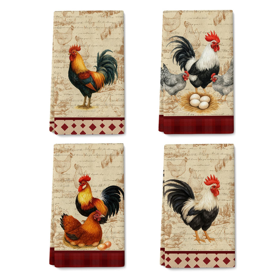 Verdiqor rooster kitchen towel on rack, showcasing rustic farmhouse decor.