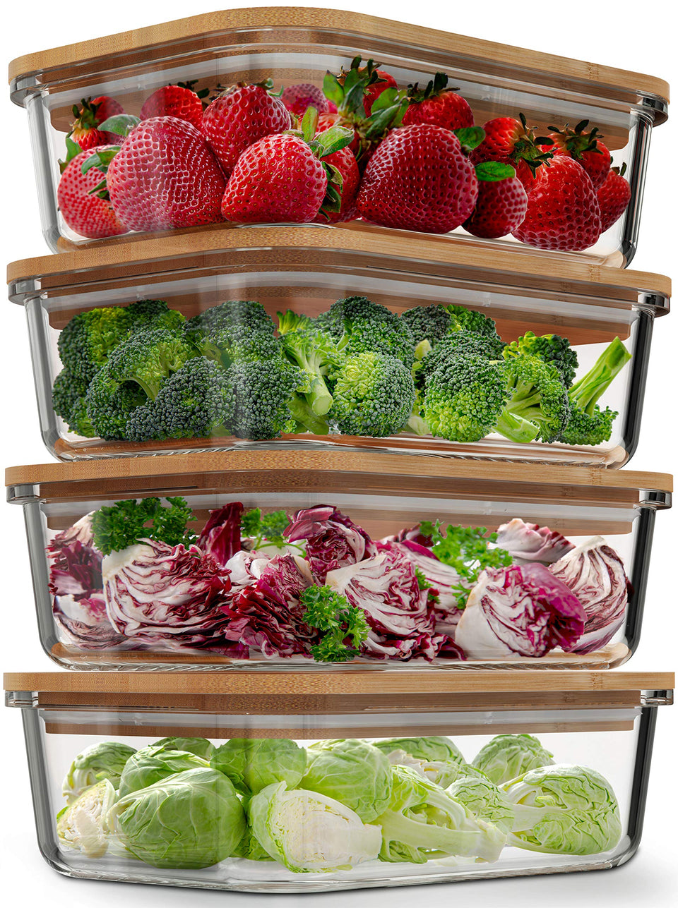 Verel four-pack glass storage containers in 36 oz with organized fridge and pantry use.