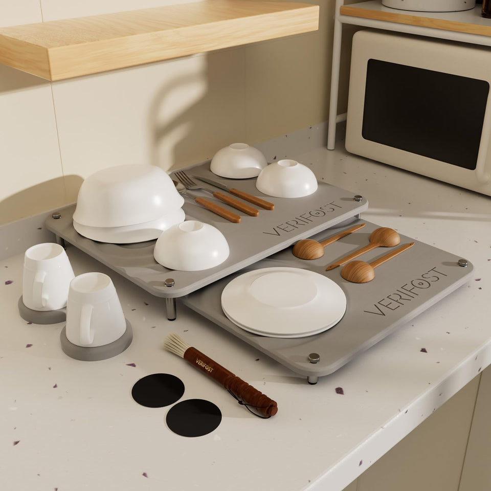 VERIFOST stone drying mat on a kitchen counter showing quick absorption.