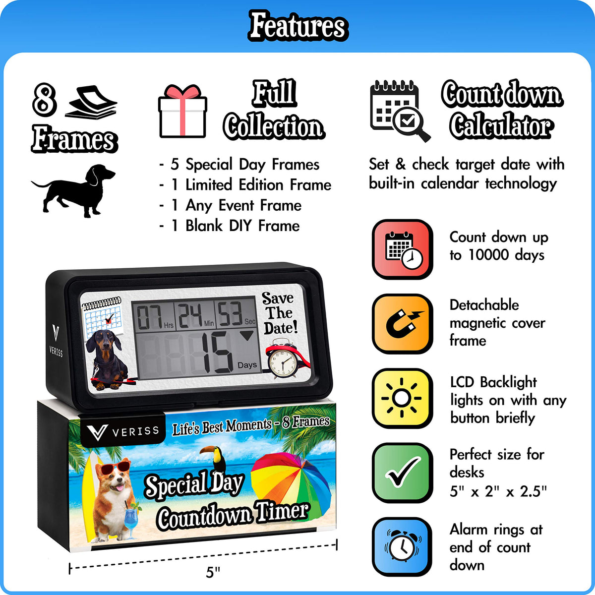 Veriss countdown clock backlight enables easy viewing in dim settings