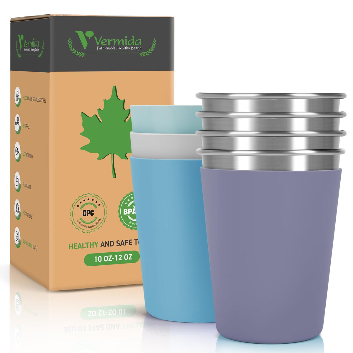 Vermida 12oz kids cups with silicone sleeves provide a secure grip for little hands.