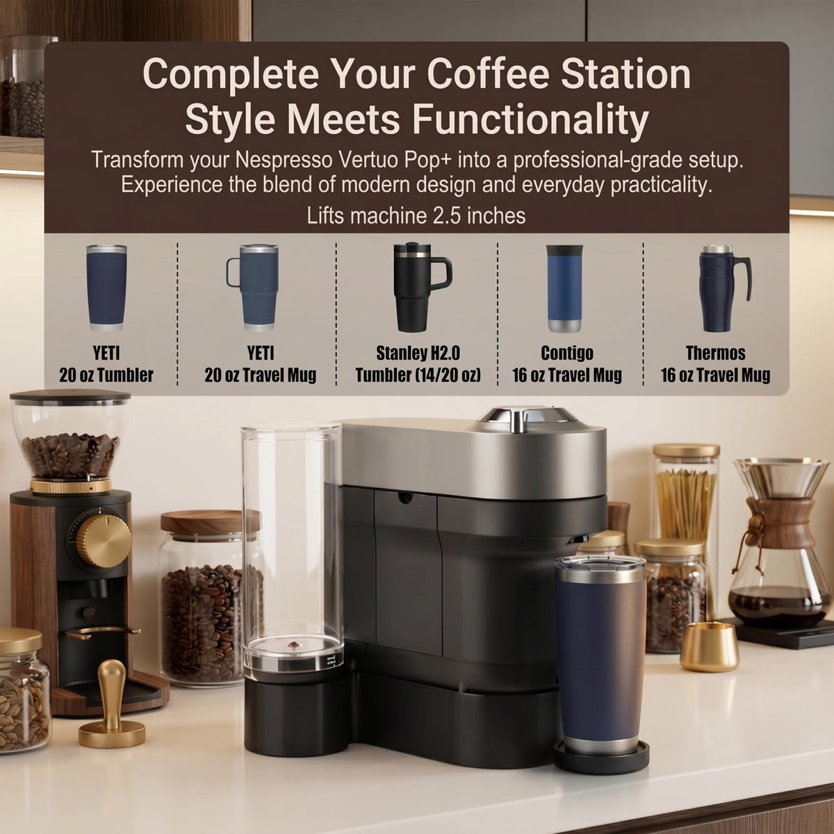Vernargoo riser stand shows compatibility for standard and deluxe Vertuo Pop+ units.