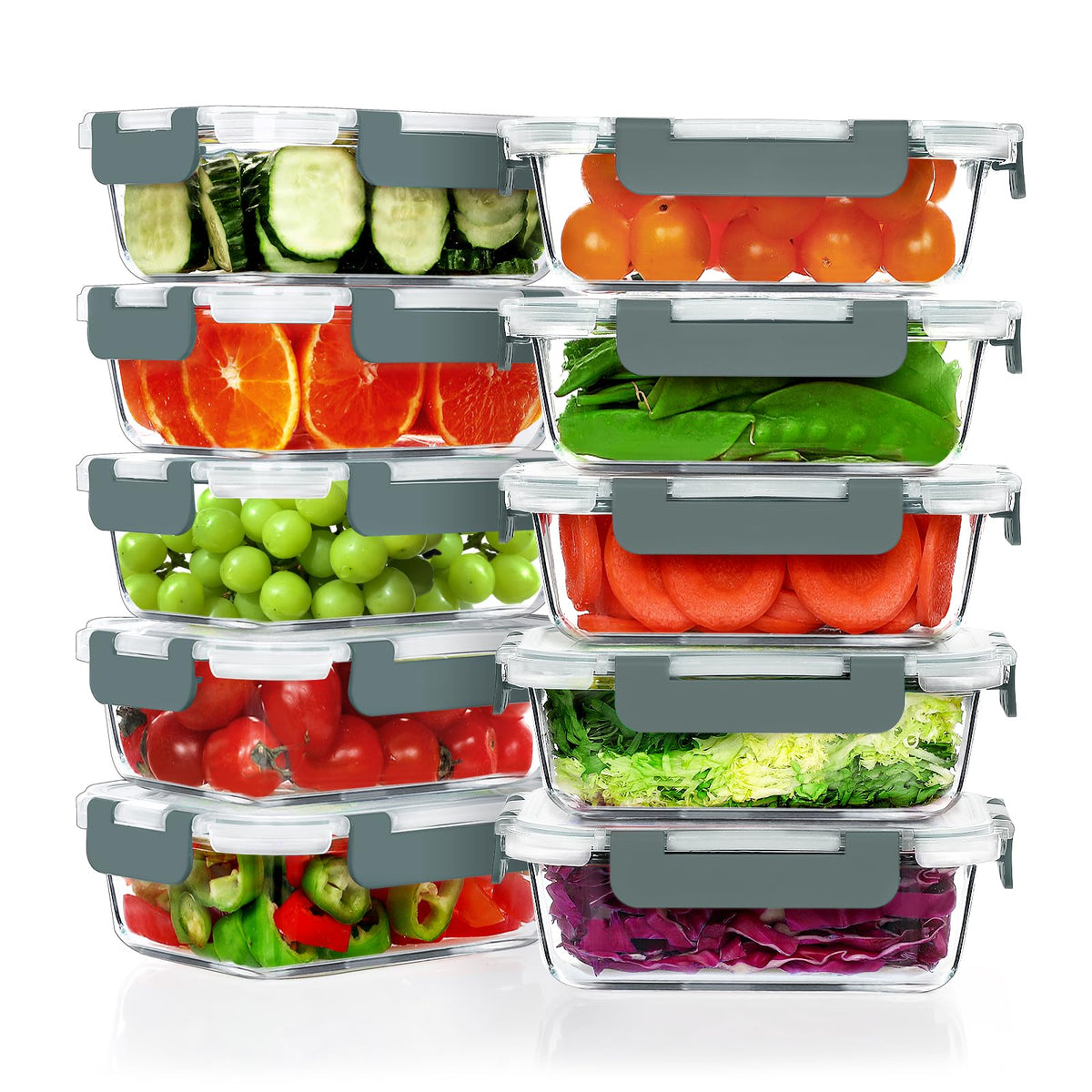 VERONES 10-pack 22 oz glass meal prep containers with airtight lids for portioned meals.
