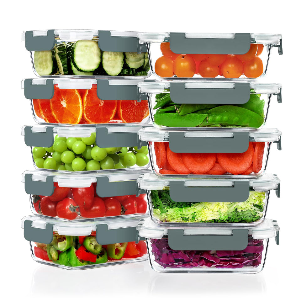 VERONES 10-pack 22 oz glass meal prep containers with airtight lids for portioned meals.