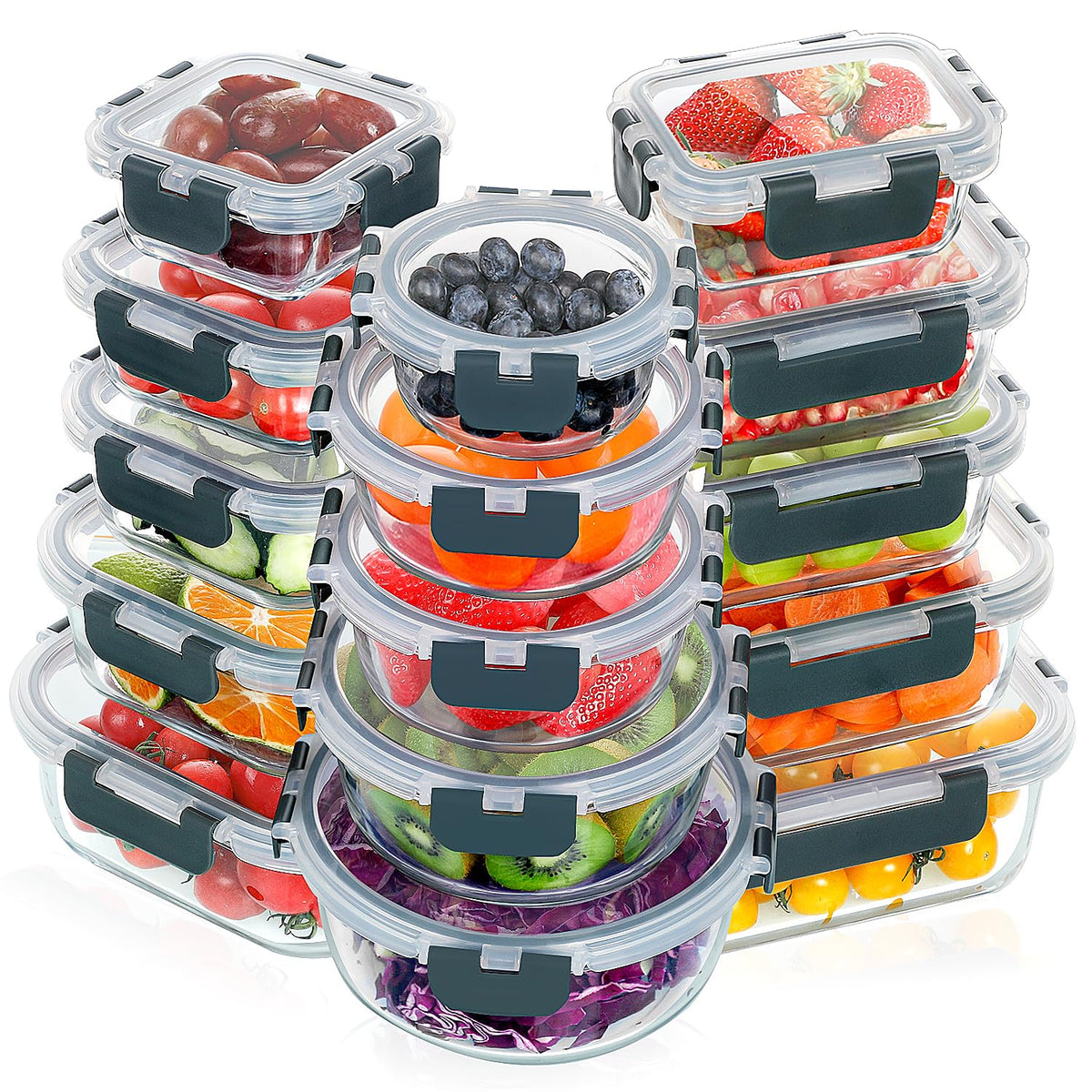 VERONES 30-piece glass meal prep set with versatile shapes for portion control.
