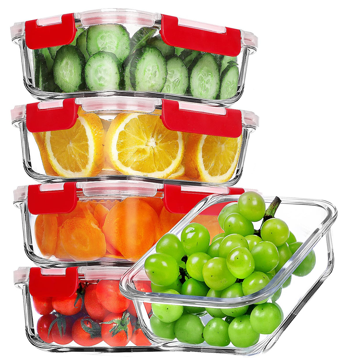 VERONES 5-pack glass lunch containers show clear borosilicate glass with locking lids for organized, fresh meals.