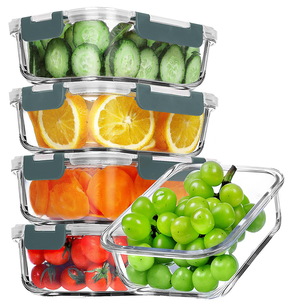 VERONES 5 pack glass meal prep containers with clear bodies and grey lids, ideal for portions.