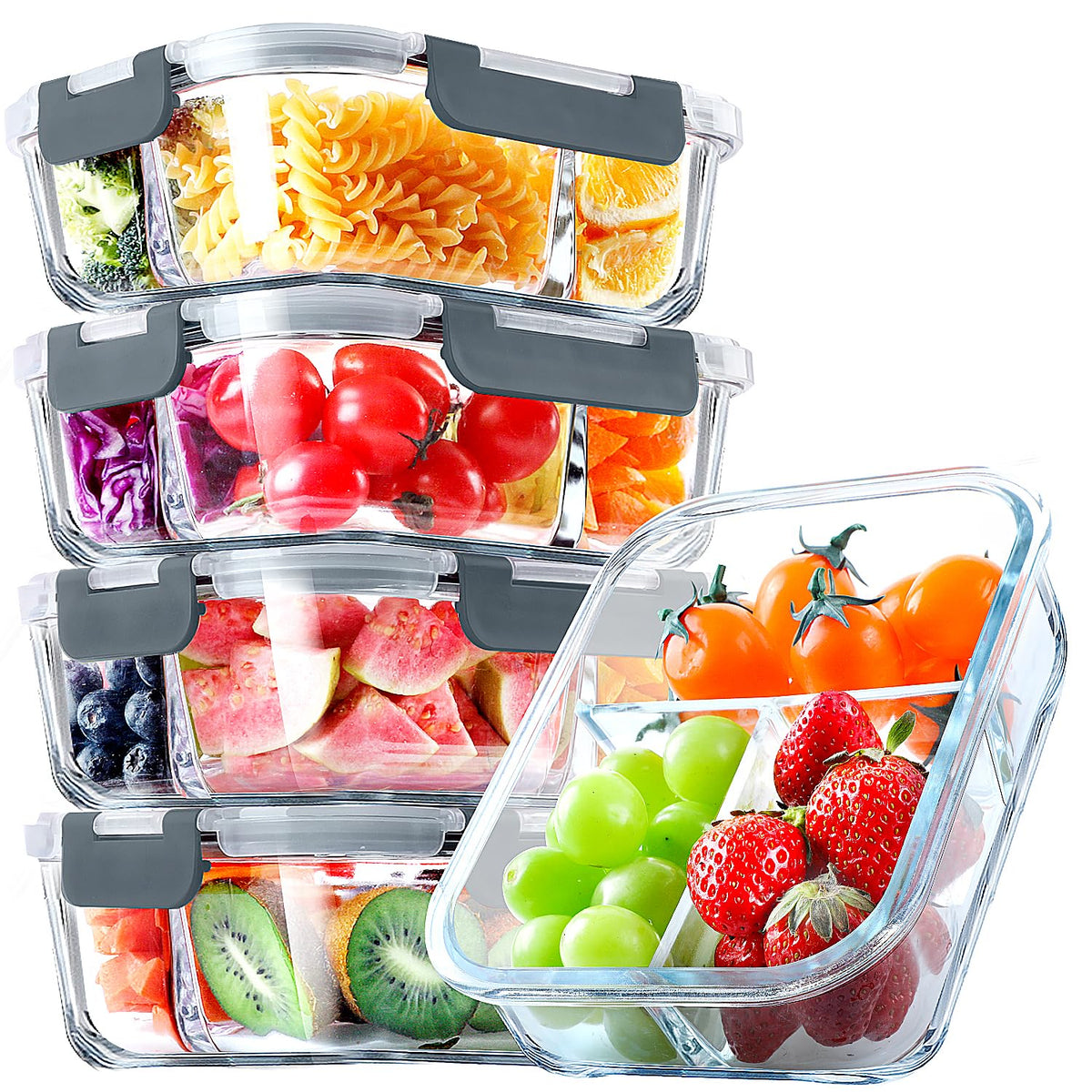 VERONES five-pack glass meal prep containers with three compartments for portion control.